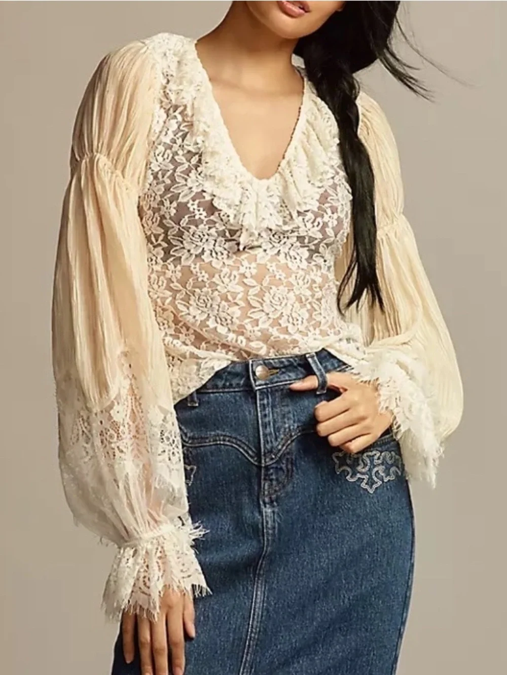 Anthropologie Sheer Lace Boho Long Sleeve Blouse